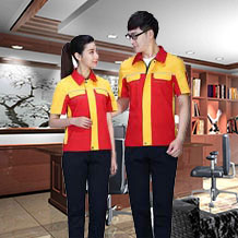 拼接撞色夏季滌棉細斜短袖工作服FY614